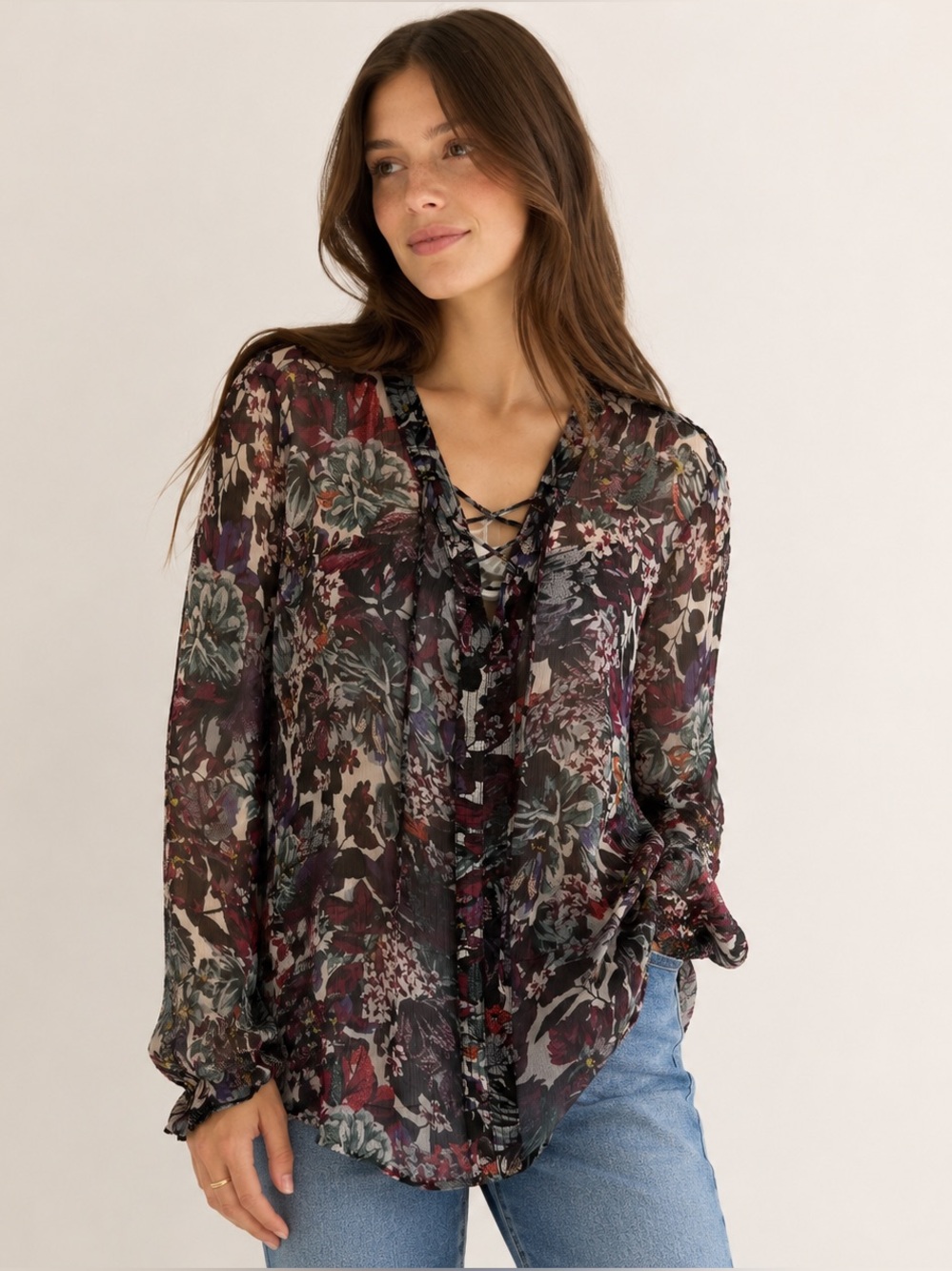 Lucky Brand Floral Peasant Tunic Sheer Tie Neck Balloon XL